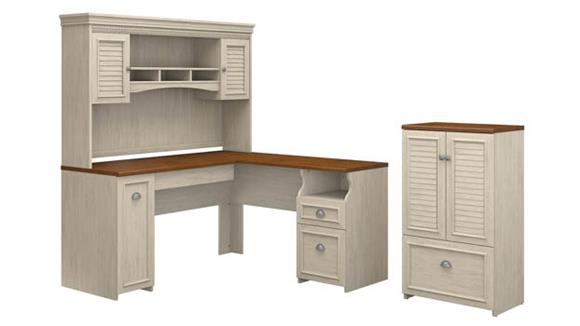 60in W L-Shaped Desk with Hutch and Storage Cabinet with File Drawer
