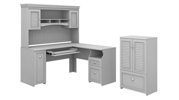 60in W L-Shaped Desk with Hutch and Storage Cabinet with File Drawer
