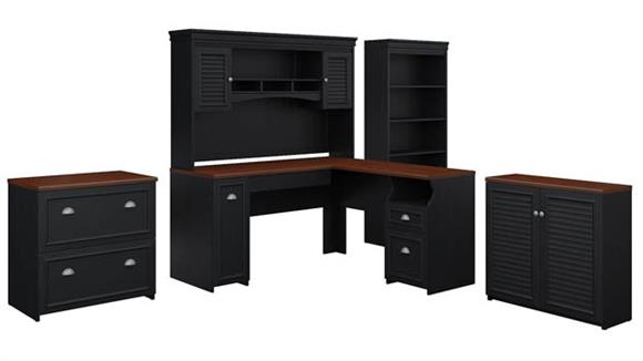 60in W L-Shaped Desk with Hutch, Lateral File Cabinet, Bookcase and Storage Cabinet