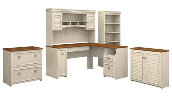 60in W L-Shaped Desk with Hutch, Lateral File Cabinet, Bookcase and Storage Cabinet