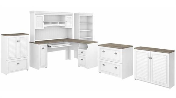 60in W L-Shaped Desk with Hutch, Lateral File Cabinet, Bookcase and 2 Storage Cabinets