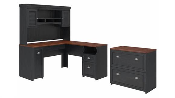 60in W L-Shaped Desk with Hutch and Lateral File Cabinet