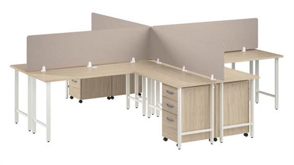 4 Person L-Shaped Desk with Mobile File Cabinets, Power Grommets, and Privacy Screens