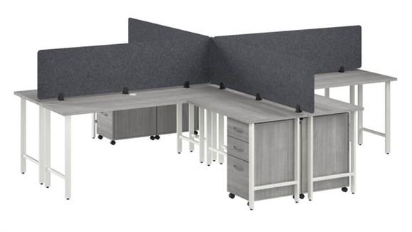 4 Person L-Shaped Desk with Mobile File Cabinets, Power Grommets, and Privacy Screens