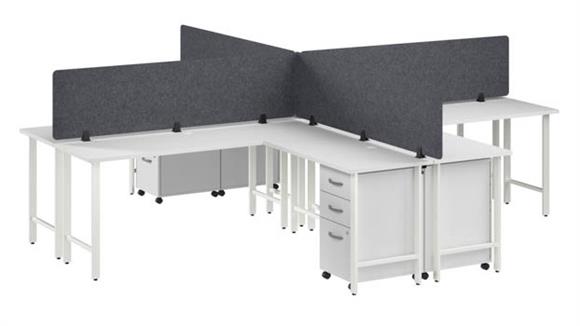 4 Person L-Shaped Desk with Mobile File Cabinets, Power Grommets, and Privacy Screens
