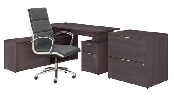 60in W Desk with Vertical File Cabinet and Low Storage Return, plus Lateral File Cabinet and High Back Leather Executive Office Chair
