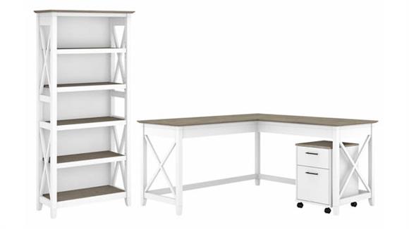 60in W L-Shaped Desk with Mobile File Cabinet and 5 Shelf Bookcase