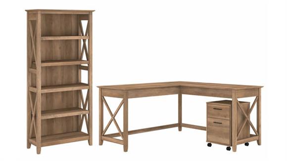 60in W L-Shaped Desk with Mobile File Cabinet and 5 Shelf Bookcase