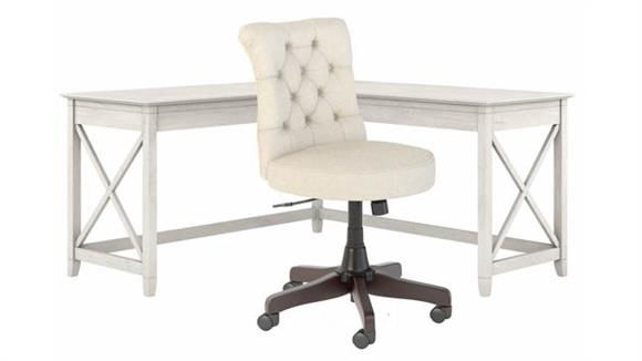 60in W L-Shaped Desk with Mid Back Tufted Office Chair