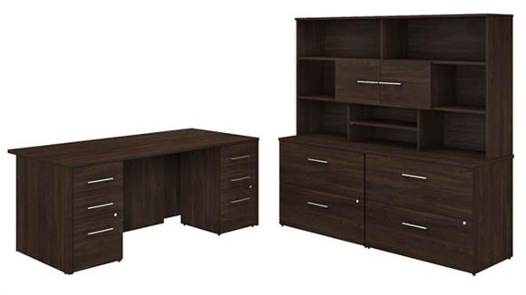 72in W x 36in D Executive Desk with 2 -3 Drawer Vertical File Cabinets - Assembled, 2 - 2 Drawer Lateral File Cabinets - Assembled, and Hutch