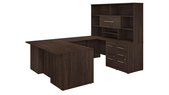 72in W U-Shaped Executive Desk with 3 Drawer File Cabinet - Assembled, 2 Drawer File Cabinet - Assembled, and Hutch