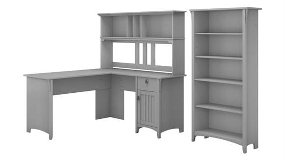60in W L Shaped Desk with Hutch and 5 Shelf Bookcase