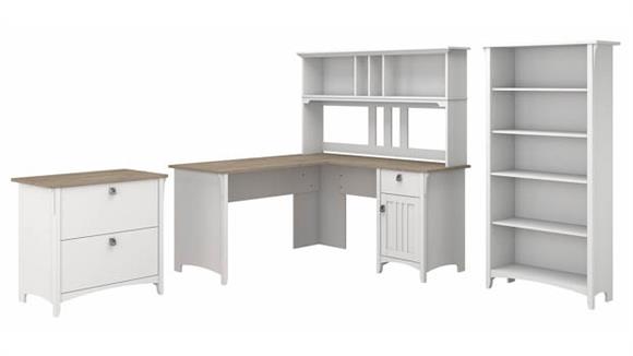 60in W L-Shaped Desk with Hutch, Lateral File Cabinet and 5 Shelf Bookcase