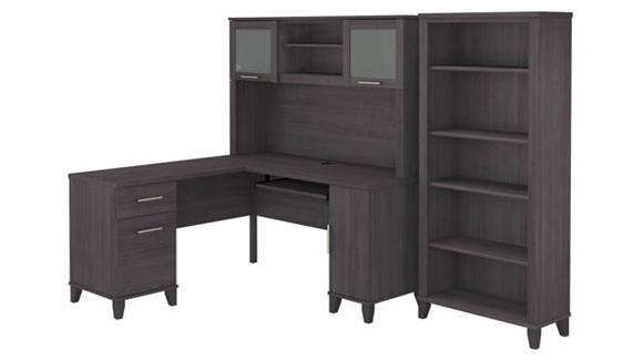 60in W L-Shaped Desk with Hutch and 5 Shelf Bookcase