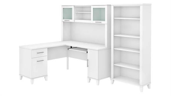 60in W L-Shaped Desk with Hutch and 5 Shelf Bookcase