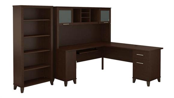 72in W L Shaped Desk with Hutch and 5 Shelf Bookcase
