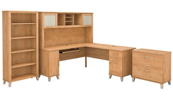 72in W L-Shaped Desk with Hutch, Lateral File Cabinet and Bookcase