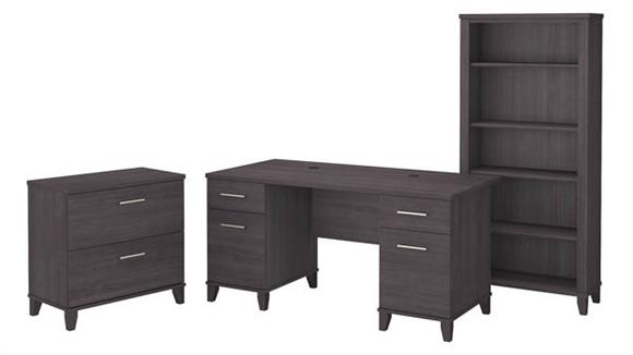 60in W Office Desk with Lateral File Cabinet and 5 Shelf Bookcase
