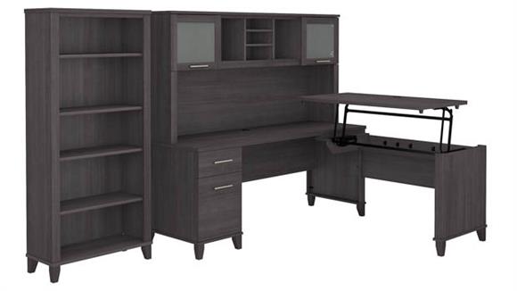 6ft W 3 Position Sit to Stand L-Shaped Desk with Hutch and Bookcase