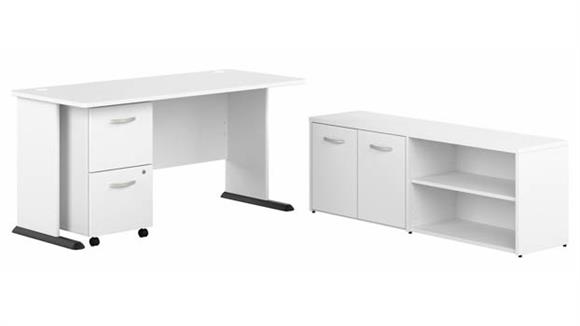 60in W Computer Desk with Low Storage Cabinet and Assembled Mobile File Cabinet