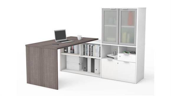 72in W L-Shaped Desk with Frosted Glass Doors Hutch