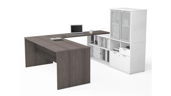 72in W U-Shaped Executive Desk with Frosted Glass Doors Hutch