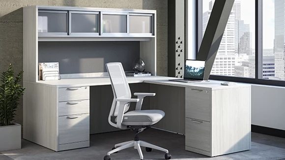 L-Desk 71in W x 77in D with Hutch and 2 Pedestals