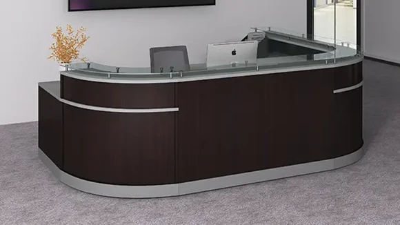 L-Desk Reception Desk 126in W x 95in D with Glass Top