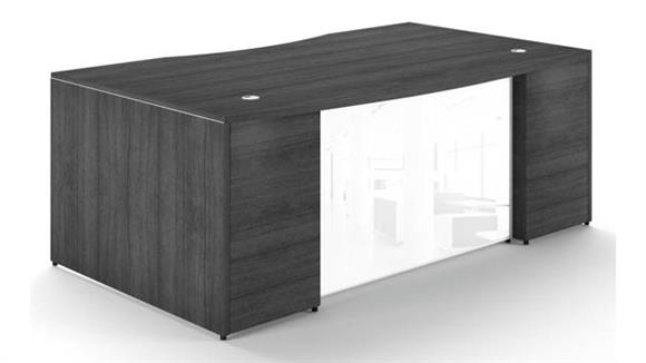 72in x 42in Bow Front Desk Shell with White Glass Modesty Panel