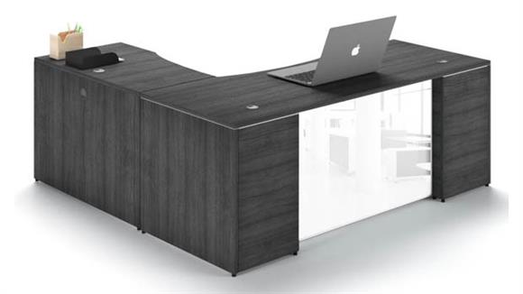 66in x 72in Rectangular L Shaped Desk with White Glass Modesty Panel