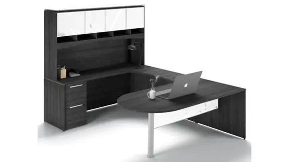 Bullet-End U-Desk 72in W x 102in D with 2 Pedestals and Hutch