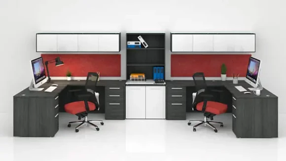 L-Shaped Workstation 178in W x 72in D with 1 Pedestal and Glass Top