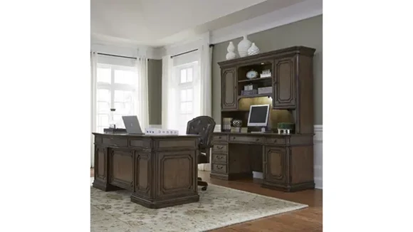 Credenza and Hutch Wood Veneer Locking Storage