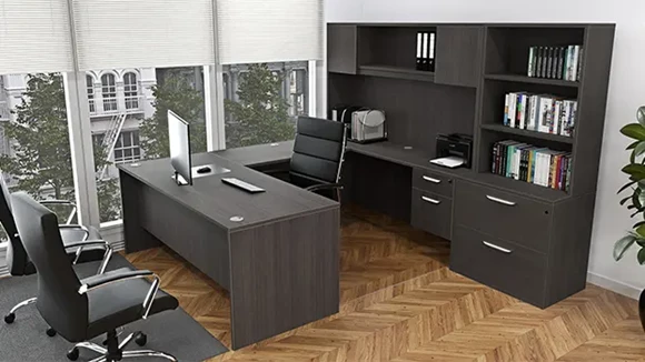 U-Desk 71in W x 97in D with Hutch and 2 Pedestals