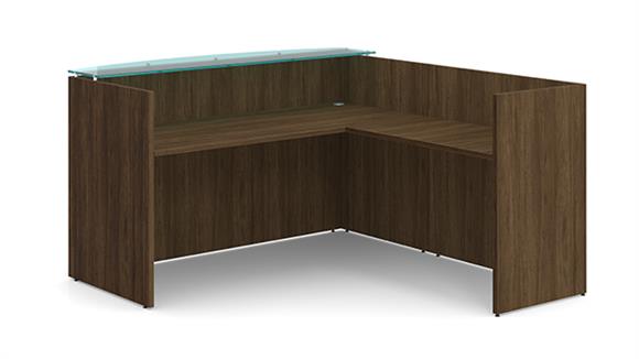 L-Shaped Reception Desk Shell w/ Laminate Bow Front Glass Counter