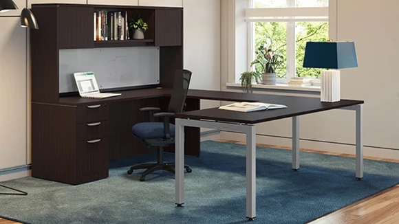 66in x 96in comPlexion single BBF Pedestal U-Desk with 2 Wood Door Hutch