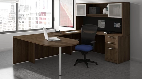 Bullet-End U-Desk 66in W x 96in D with Hutch and 1 Pedestal