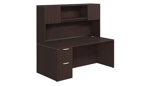 Desk 71in W x 24in D with 2 Drawer Pedestal and Wood Hutch with 2 Doors