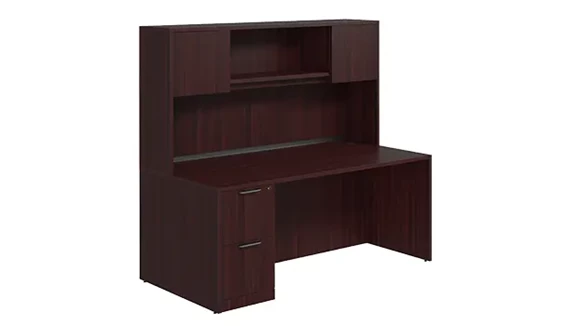 Desk 60in W x 30in D with 2 Drawer Pedestal and Wood Hutch with 2 Doors