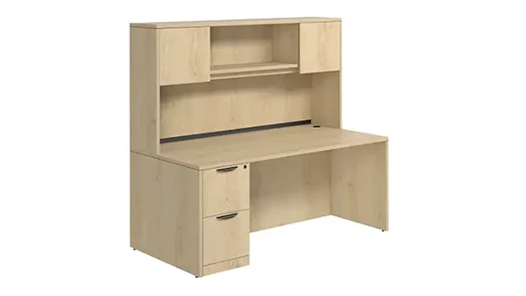 Desk 66in W x 30in D with 2 Drawer Pedestal and Wood Hutch with 2 Doors