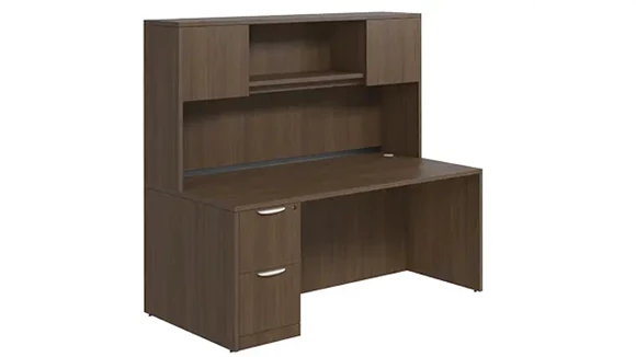 Desk 71in W x 30in D with 2 Drawer Pedestal and Wood Hutch with 2 Doors