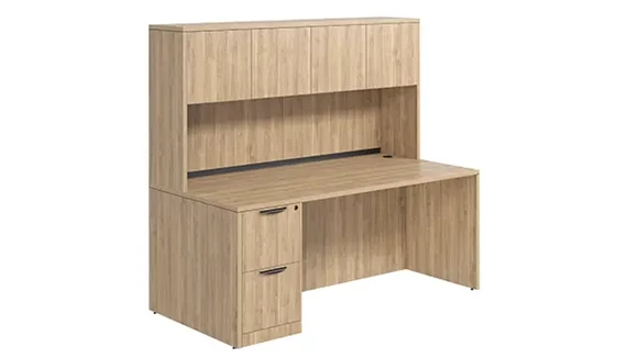 Desk 71in W x 30in D with 2 Drawer Pedestal and Wood Hutch with 4 Doors