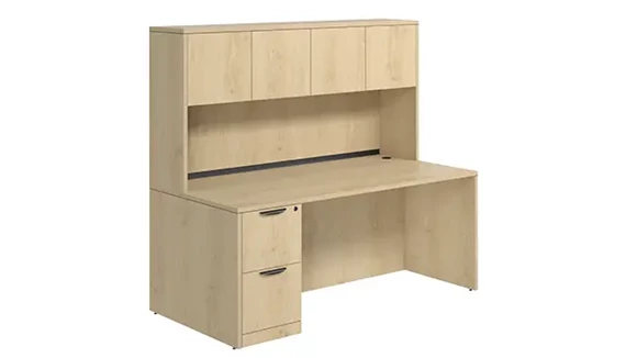 Desk 60in W x 24in D with 2 Drawer Pedestal and Wood Hutch with 4 Doors