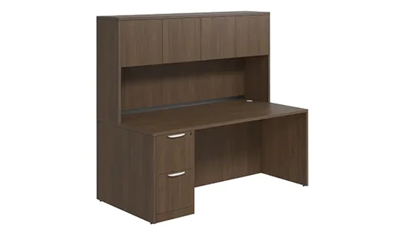 Desk 66in W x 24in D with 2 Drawer Pedestal and Wood Hutch with 4 Doors