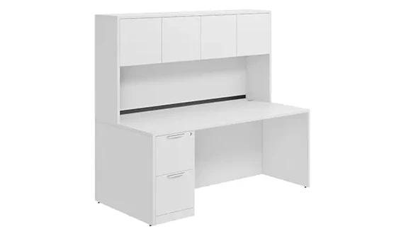 Desk 66in W x 30in D with 2 Drawer Pedestal and Wood Hutch with 4 Doors