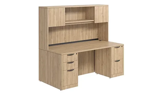Desk 71in W x 30in D with Double Pedestal and Wood Hutch with 2 Doors