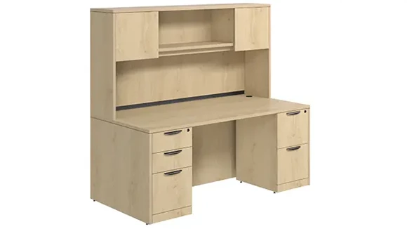 Desk 60in W x 24in D with Double Pedestal and Wood Hutch with 2 Doors