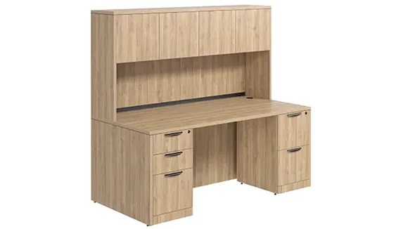 Desk 66in W x 24in D with Double Pedestal and Wood Hutch with 4 Doors