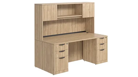 Desk 60in W x 24in D with Double 3 Drawer Pedestals and Wood Hutch with 2 Doors