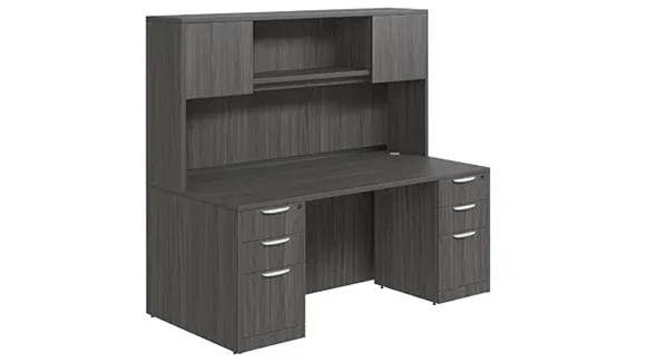 Desk 71in W x 24in D with Double 3 Drawer Pedestals and Wood Hutch with 2 Doors